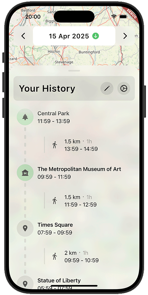 Timeline of a day listing visited places with arrival times and the walks between them